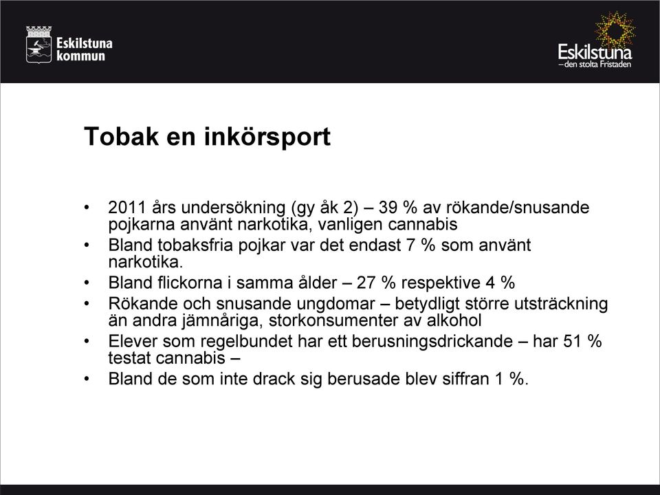 Bland flickorna i samma ålder 27 % respektive 4 % Rökande och snusande ungdomar betydligt större utsträckning än andra