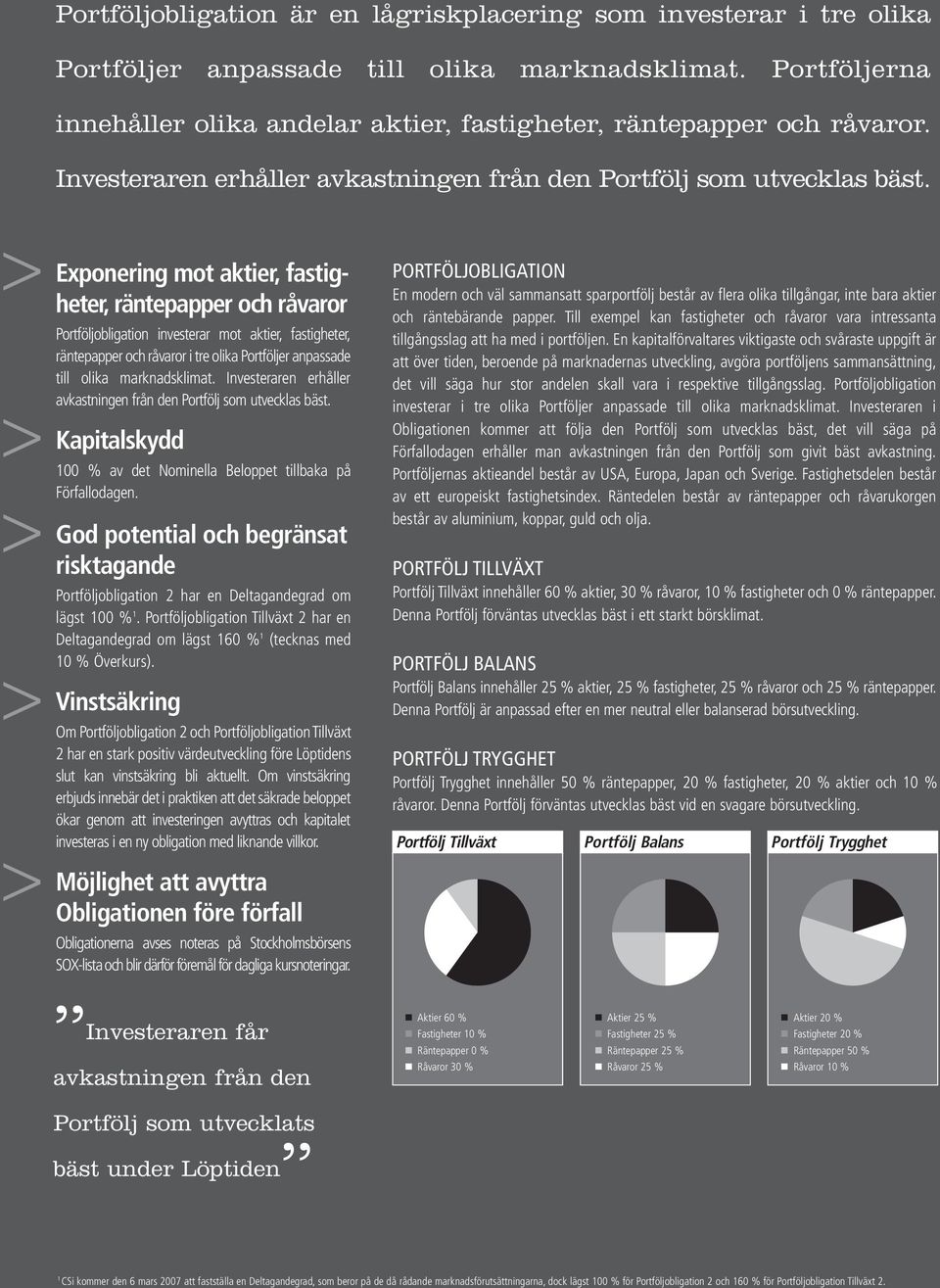 Exponering mot aktier, fastigheter, räntepapper och råvaror Portföljobligation investerar mot aktier, fastigheter, räntepapper och råvaror i tre olika Portföljer anpassade till olika marknadsklimat.