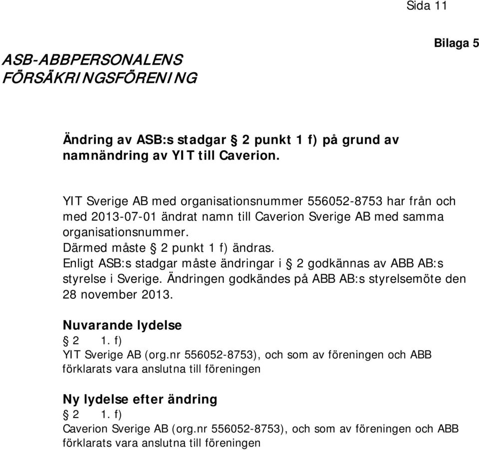 Enligt ASB:s stadgar måste ändringar i 2 godkännas av ABB AB:s styrelse i Sverige. Ändringen godkändes på ABB AB:s styrelsemöte den 28 november 2013. Nuvarande lydelse 2 1.