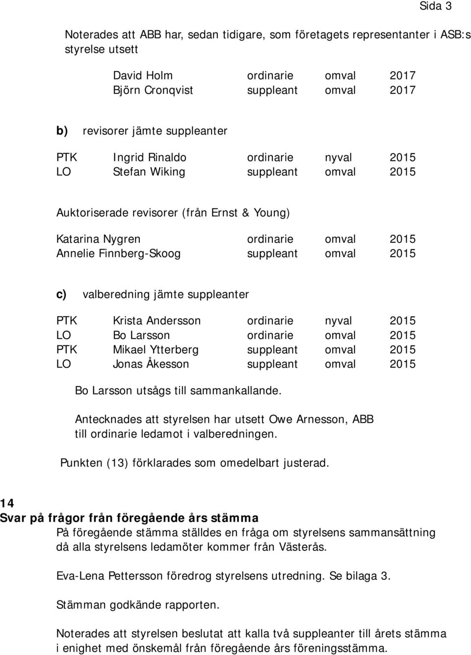 2015 c) valberedning jämte suppleanter PTK Krista Andersson ordinarie nyval 2015 LO Bo Larsson ordinarie omval 2015 PTK Mikael Ytterberg suppleant omval 2015 LO Jonas Åkesson suppleant omval 2015 Bo