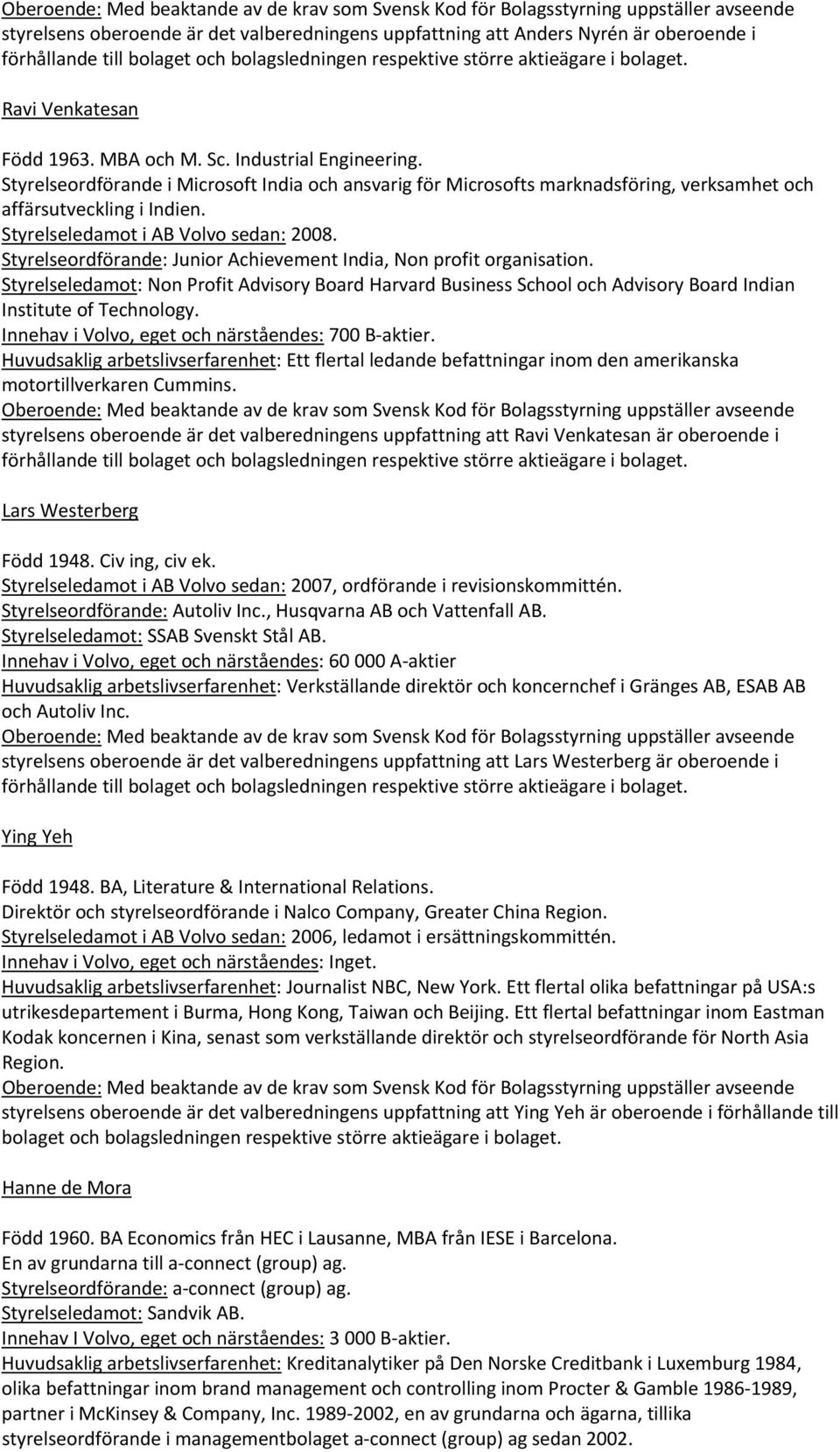 Styrelseordförande i Microsoft India och ansvarig för Microsofts marknadsföring, verksamhet och affärsutveckling i Indien. Styrelseledamot i AB Volvo sedan: 2008.