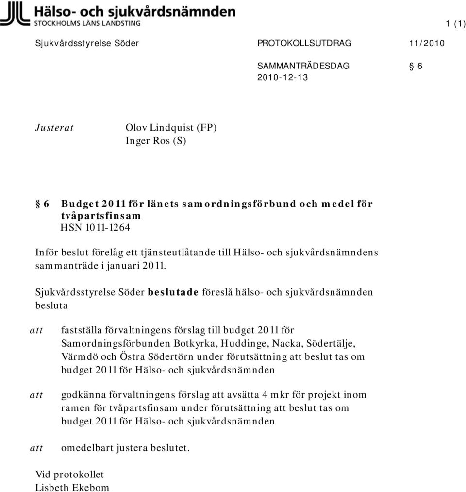 Sjukvårdsstyrelse Söder beslutade föreslå hälso- och sjukvårdsnämnden besluta fastställa förvaltningens förslag till budget 2011 för Samordningsförbunden Botkyrka, Huddinge, Nacka, Södertälje, Värmdö