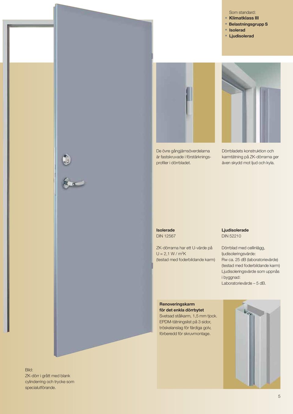 Isolerade DIN 12567 ZK-dörrarna har ett U-värde på U = 2,1 W / m 2 K (testad med foderbildande karm) Ljudisolerade DIN 52210 Dörrblad med cellinlägg, ljudisoleringsvärde: Rw ca.