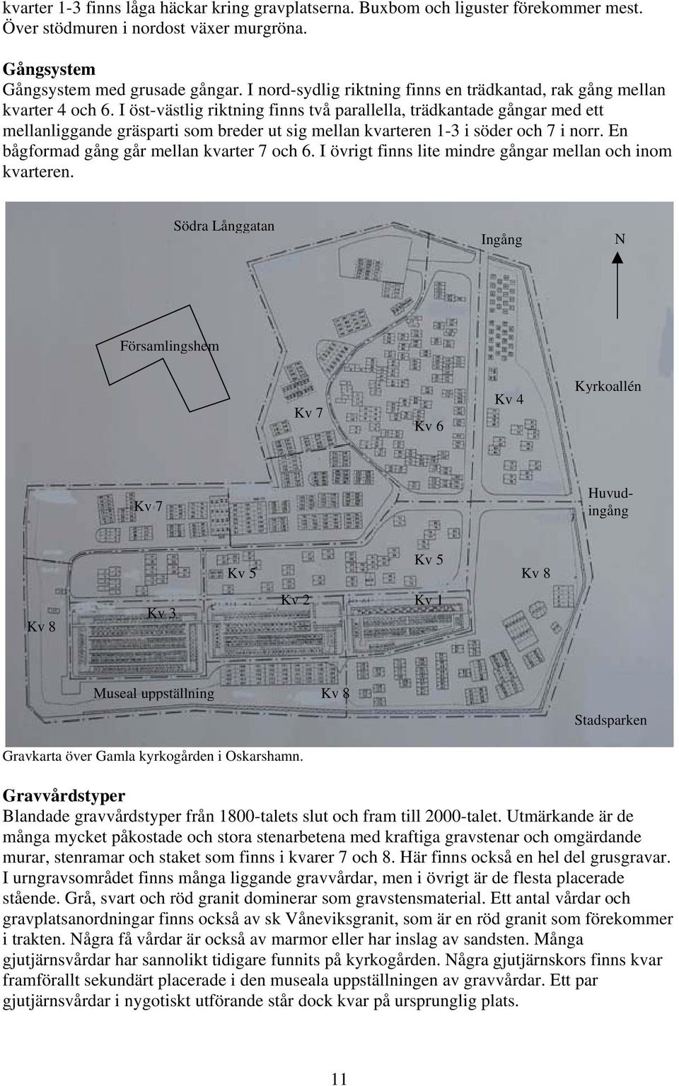 I öst-västlig riktning finns två parallella, trädkantade gångar med ett mellanliggande gräsparti som breder ut sig mellan kvarteren 1-3 i söder och 7 i norr.