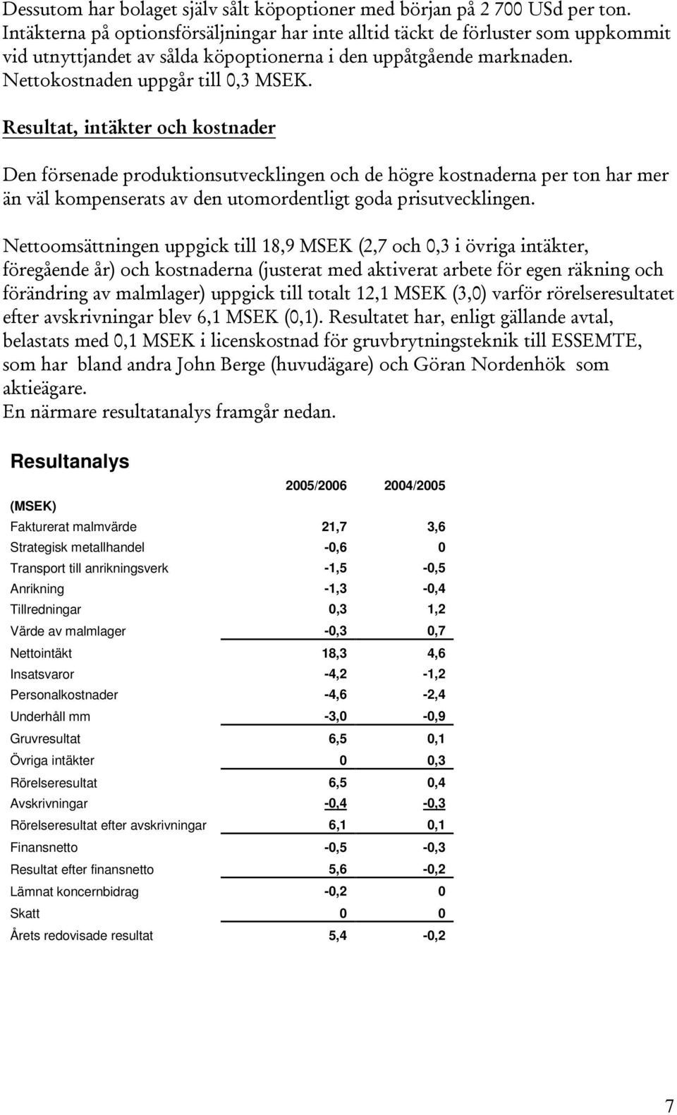 Resultat, intäkter och kostnader Den försenade produktionsutvecklingen och de högre kostnaderna per ton har mer än väl kompenserats av den utomordentligt goda prisutvecklingen.