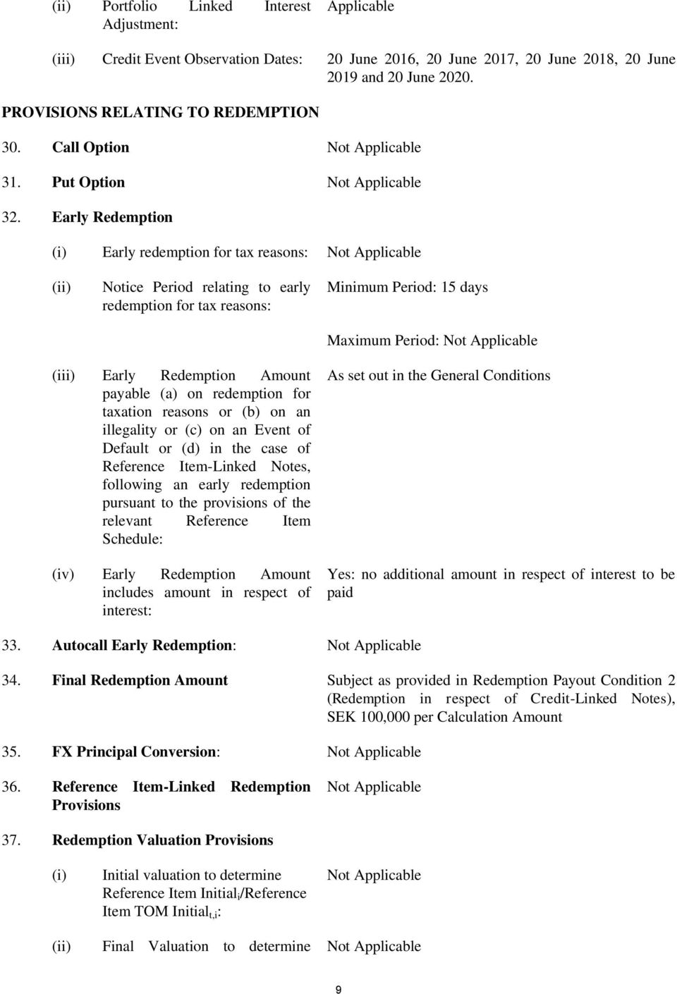 Early Redemption (i) Early redemption for tax reasons: (ii) Notice Period relating to early redemption for tax reasons: Minimum Period: 15 days Maximum Period: (iii) Early Redemption Amount payable