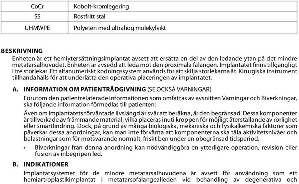 Kirurgiska instrument tillhandahålls för att underlätta den operativa placeringen av implantatet. A.