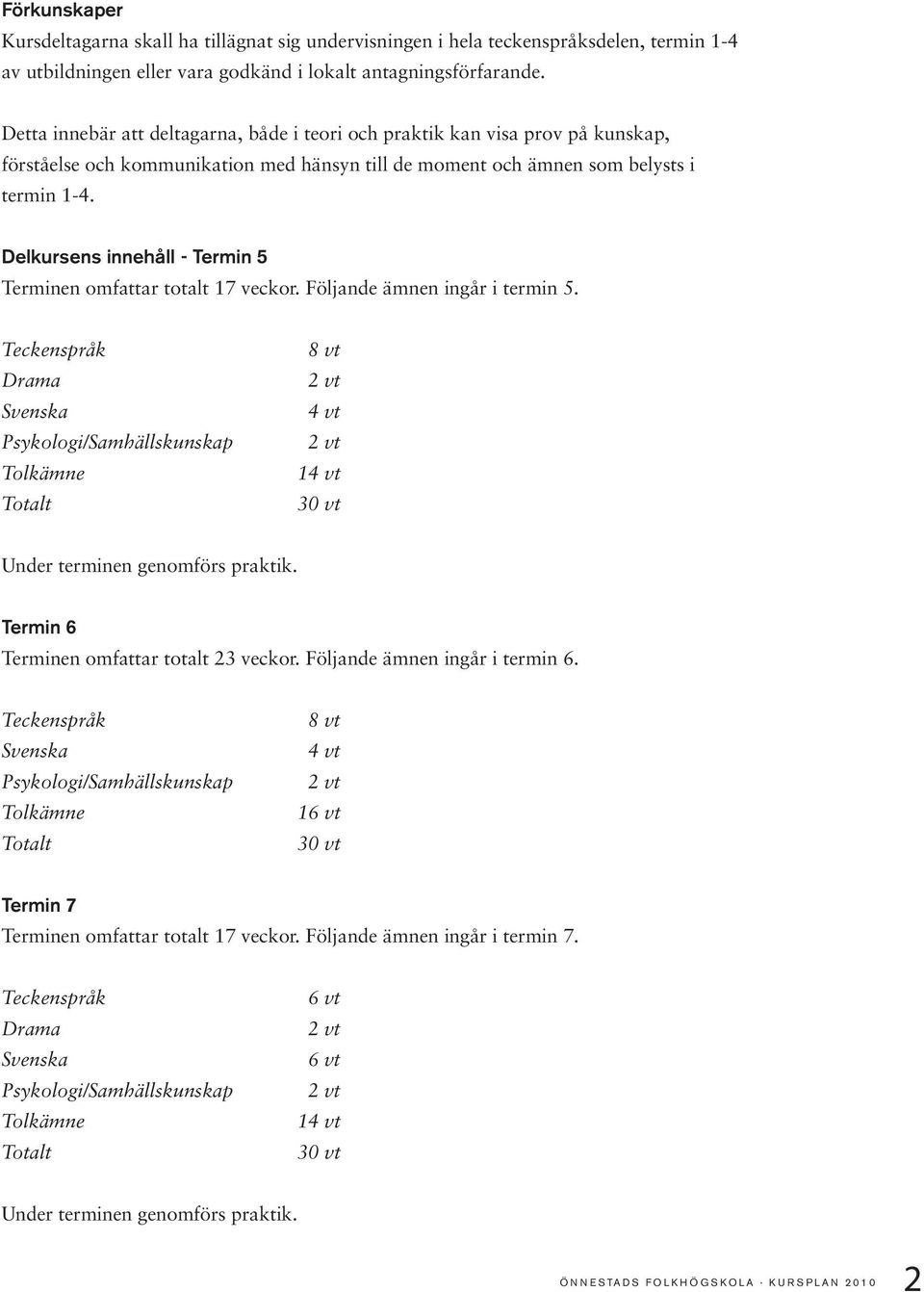 Delkursens innehåll - Termin 5 Terminen omfattar totalt 17 veckor. Följande ämnen ingår i termin 5. 8 vt 4 vt 14 vt Under terminen genomförs praktik.