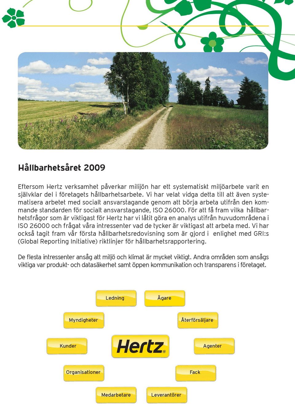 För att få fram vilka hållbarhetsfrågor som är viktigast för Hertz har vi låtit göra en analys utifrån huvudområdena i ISO 26000 och frågat våra intressenter vad de tycker är viktigast att arbeta med.