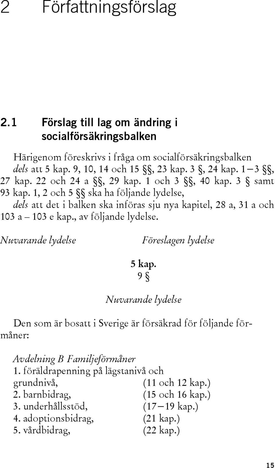 1, 2 och 5 ska ha följande lydelse, dels att det i balken ska införas sju nya kapitel, 28 a, 31 a och 103 a 103 e kap., av följande lydelse. Nuvarande lydelse Föreslagen lydelse 5 kap.