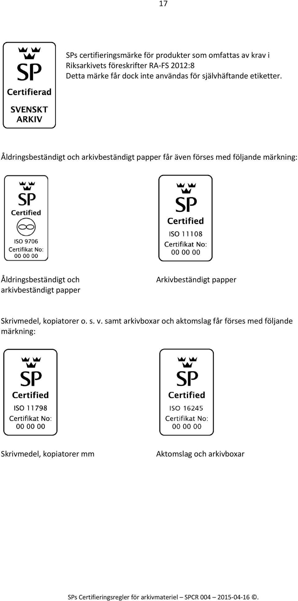 Åldringsbeständigt och arkivbeständigt papper får även förses med följande märkning: Åldringsbeständigt och