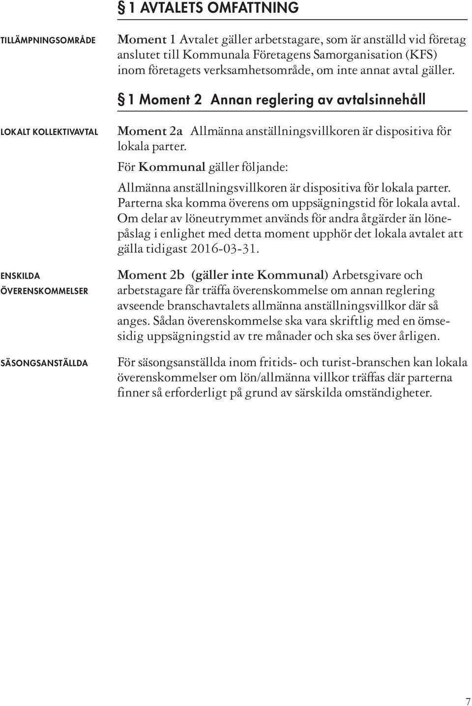 1 Moment 2 Annan reglering av avtalsinnehåll LOKALT KOLLEKTIVAVTAL ENSKILDA ÖVERENS KOMMELSER SÄSONGSANSTÄLLDA Moment 2a Allmänna anställningsvillkoren är dispositiva för lokala parter.