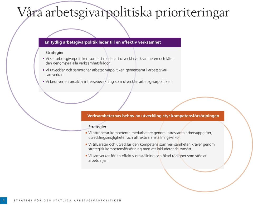 Verksamheternas behov av utveckling styr kompetensförsörjningen Strategier Vi attraherar kompetenta medarbetare genom intressanta arbetsuppgifter, utvecklingsmöjligheter och attraktiva