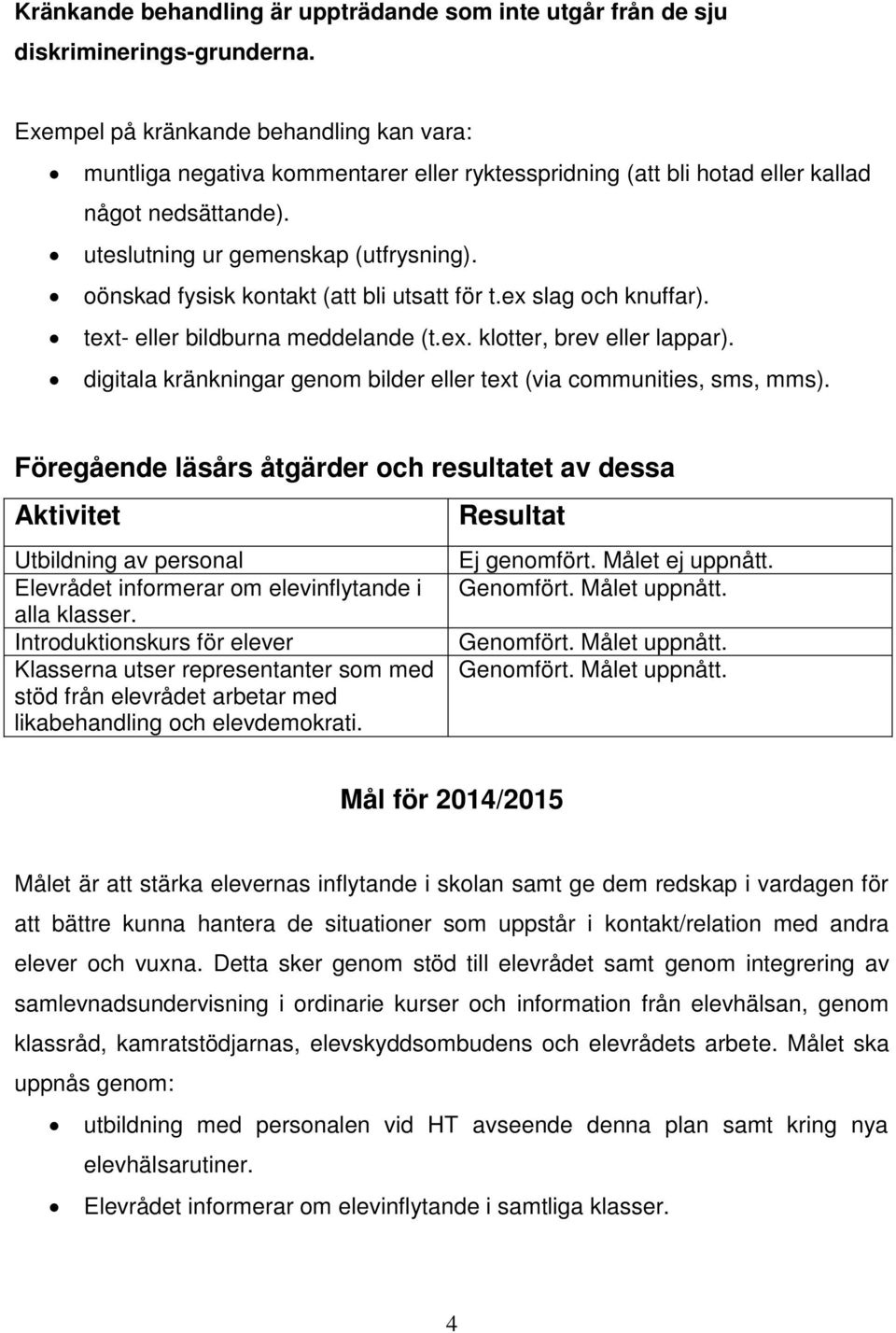 oönskad fysisk kontakt (att bli utsatt för t.ex slag och knuffar). text- eller bildburna meddelande (t.ex. klotter, brev eller lappar).