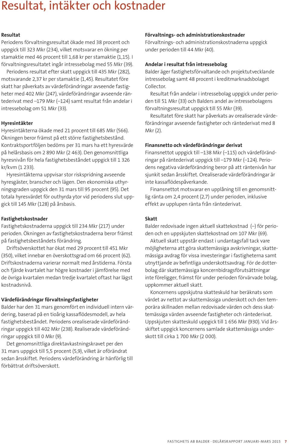 Resultatet före skatt har påverkats av värdeförändringar avseende fastigheter med 402 (247), värdeförändringar avseende räntederivat med 179 ( 124) samt resultat från andelar i intressebolag om 51