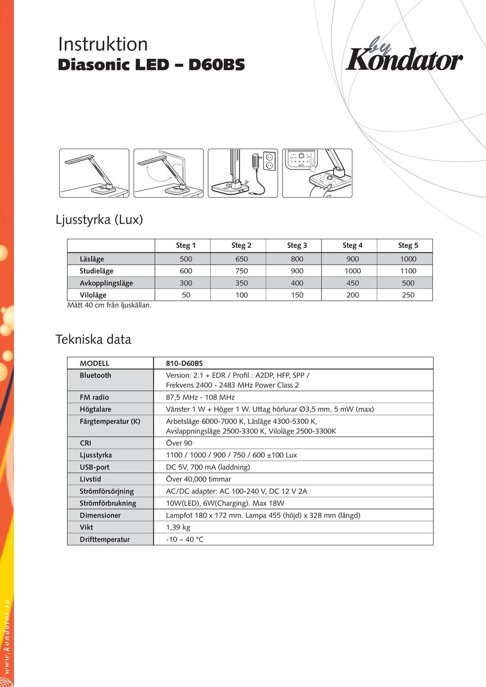 Uttag hörlurar Ø3,5 mm, 5 mw (max) Färgtemperatur (K) 6000-7000 K, 4300-5300 K, Avslappningsläge 2500-3300 K, Viloläge 2500-3300K CRI Över 90 USB-port Livstid Strömförsörjning Strömförbrukning