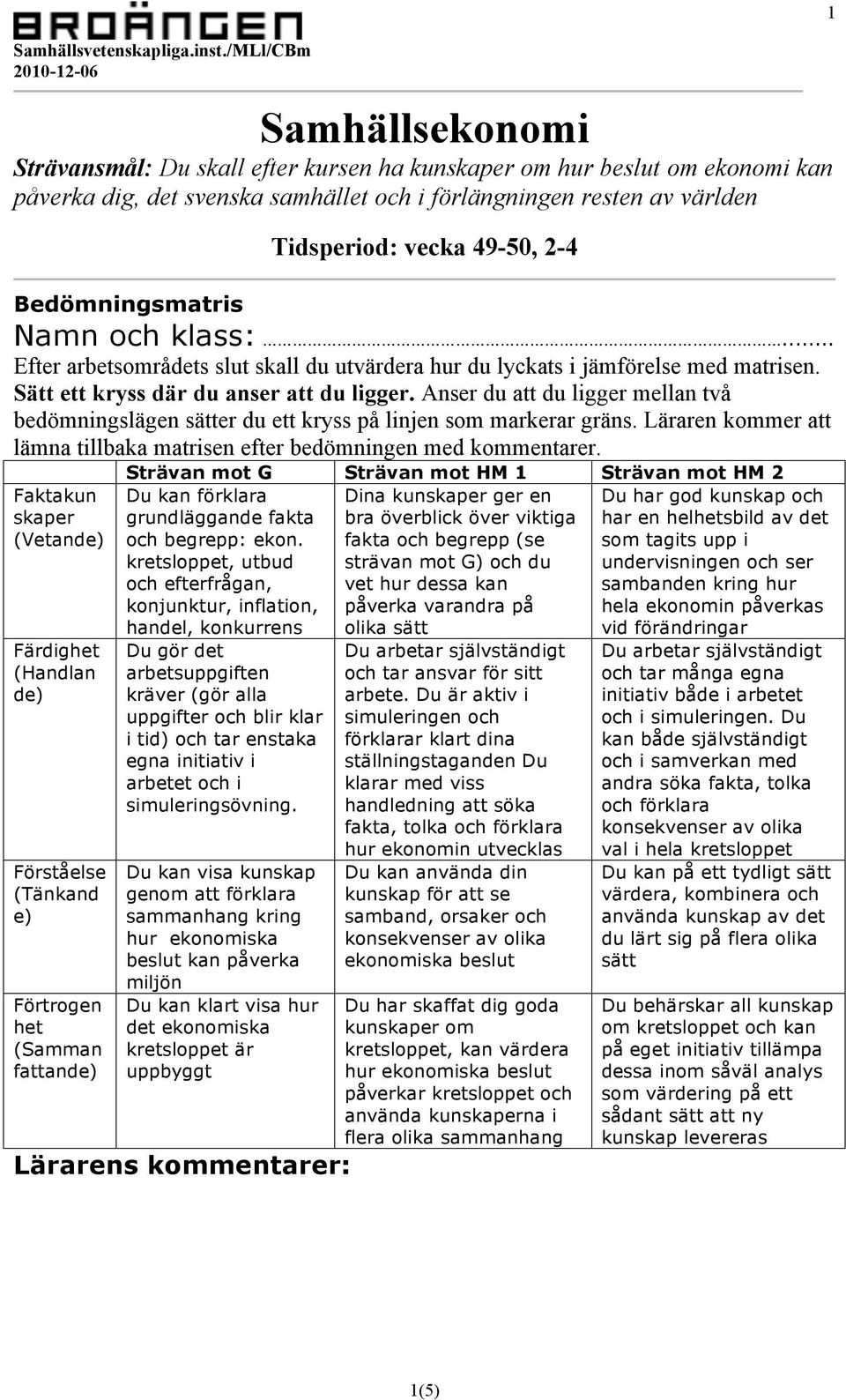 Anser du att du ligger mellan två bedömningslägen sätter du ett kryss på linjen som markerar gräns. Läraren kommer att lämna tillbaka matrisen efter bedömningen med kommentarer.