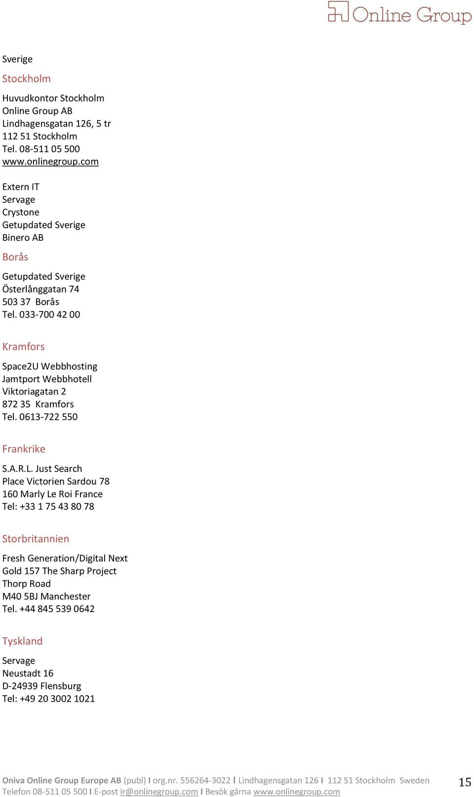 033-700 42 00 Kramfors Space2U Webbhosting Jamtport Webbhotell Viktoriagatan 2 872 35 Kramfors Tel. 0613-722 550 Frankrike S.A.R.L.