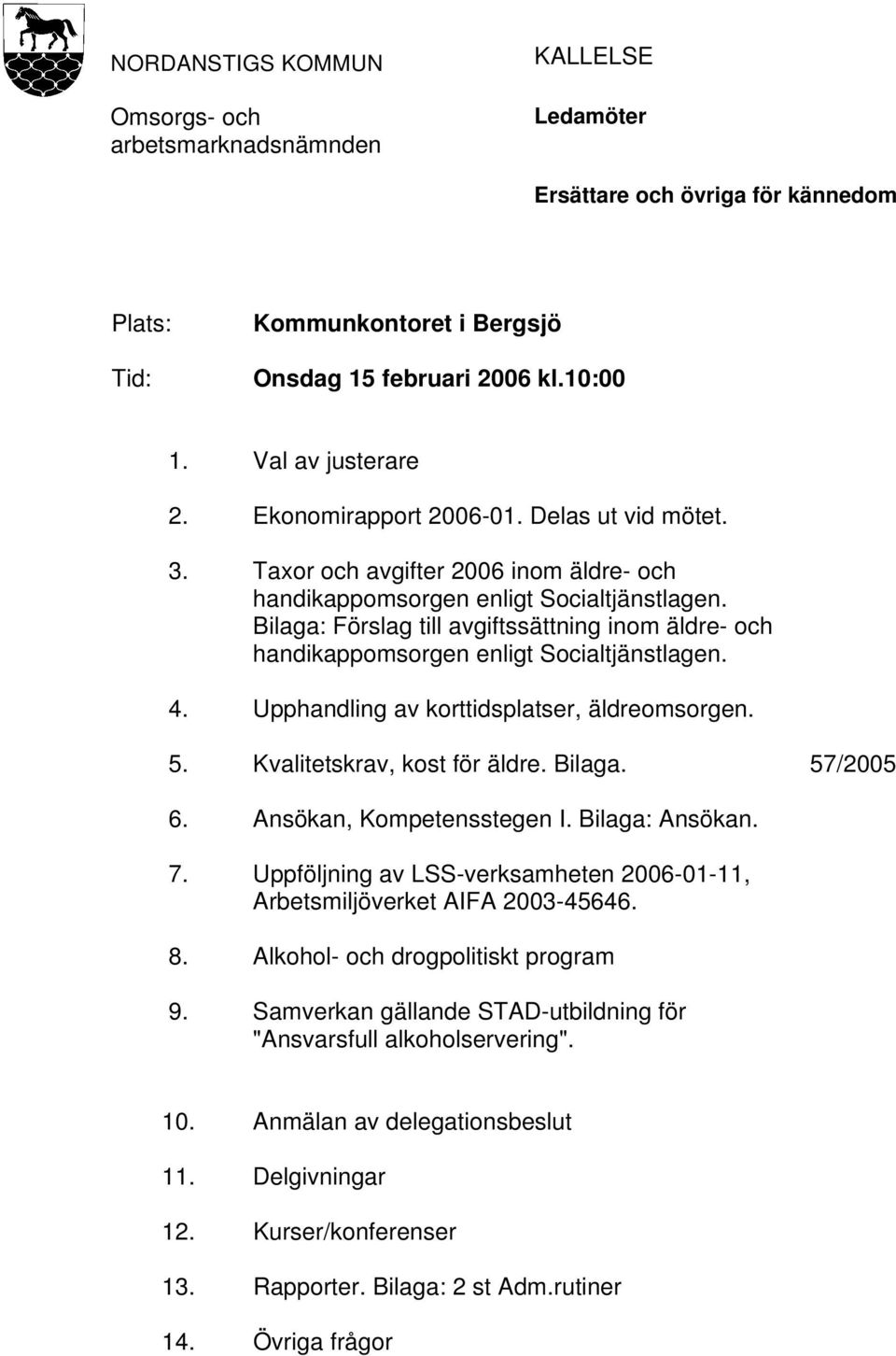 Bilaga: Förslag till avgiftssättning inom äldre- och handikappomsorgen enligt Socialtjänstlagen. 4. Upphandling av korttidsplatser, äldreomsorgen. 5. Kvalitetskrav, kost för äldre. Bilaga. 57/2005 6.