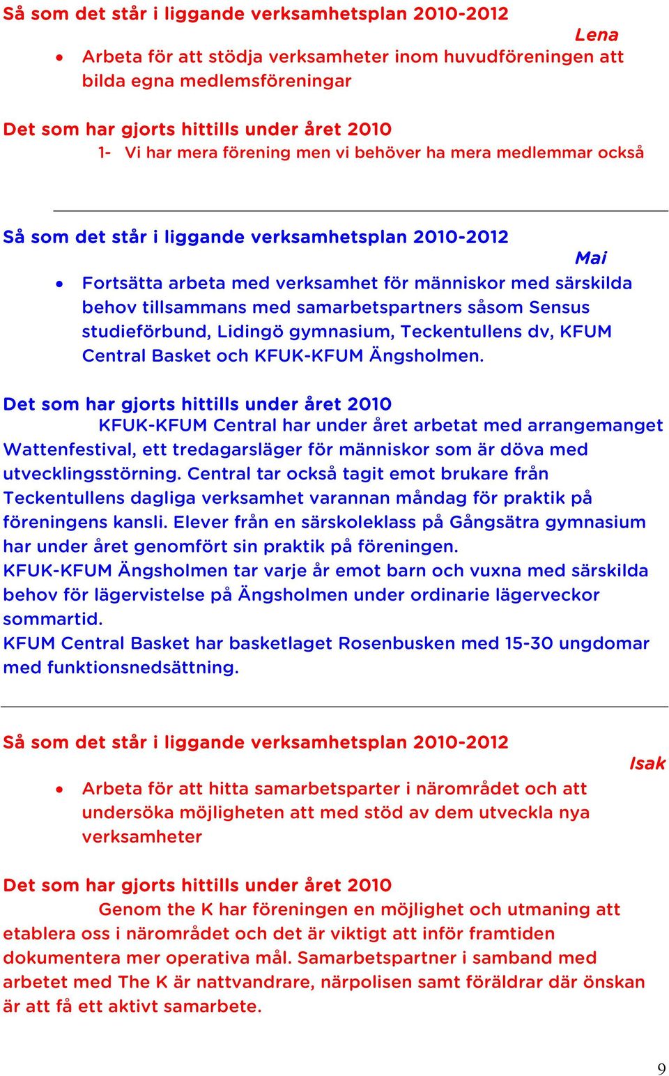 samarbetspartners såsom Sensus studieförbund, Lidingö gymnasium, Teckentullens dv, KFUM Central Basket och KFUK-KFUM Ängsholmen.