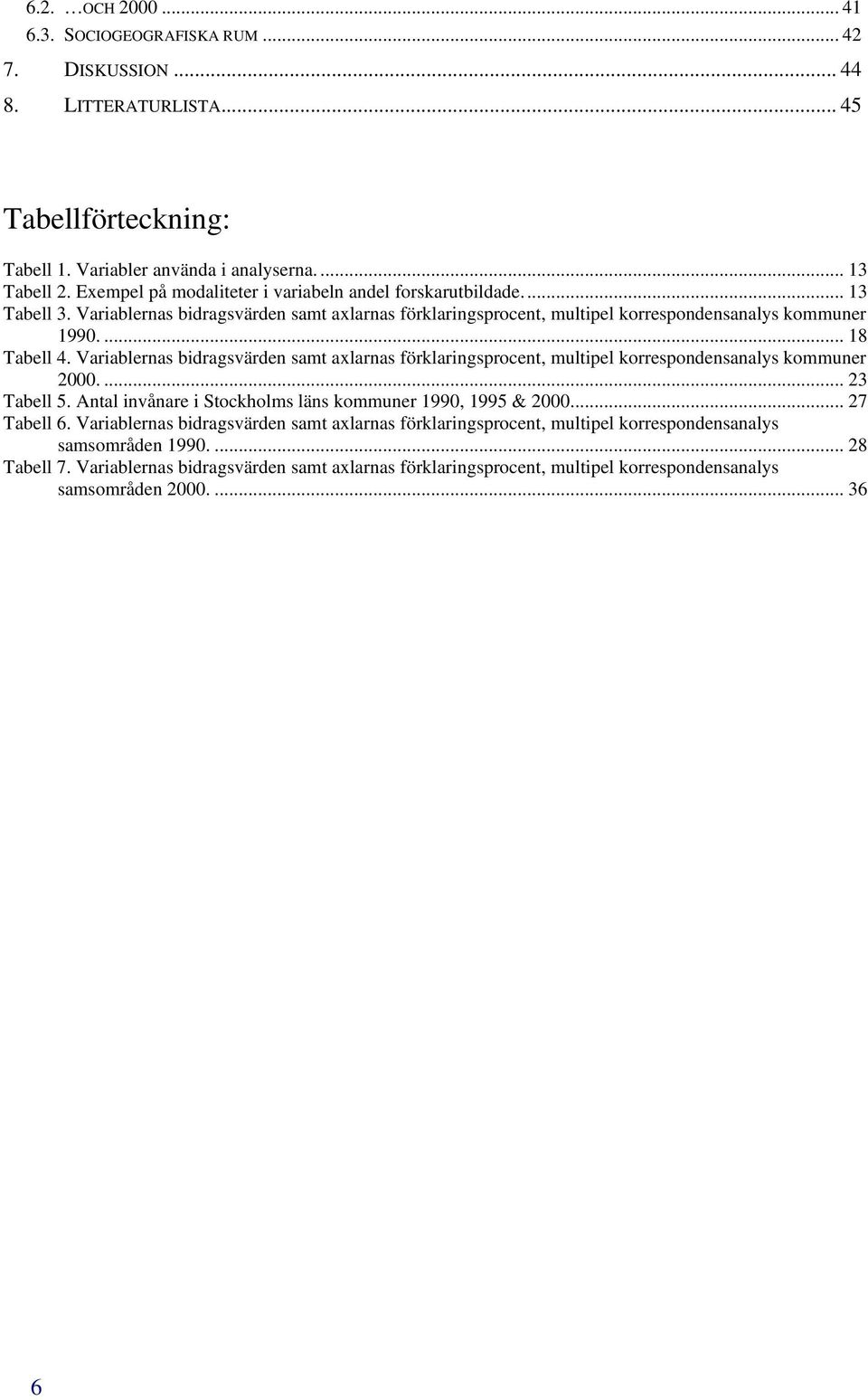 Variablernas bidragsvärden samt axlarnas förklaringsprocent, multipel korrespondensanalys kommuner 2000.... 23 Tabell 5. Antal invånare i Stockholms läns kommuner 1990, 1995 & 2000... 27 Tabell 6.