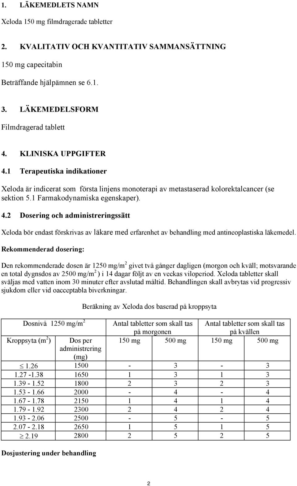 Rekommenderad dosering: Den rekommenderade dosen är 1250 mg/m 2 givet två gånger dagligen (morgon och kväll; motsvarande en total dygnsdos av 2500 mg/m 2 ) i 14 dagar följt av en veckas viloperiod.