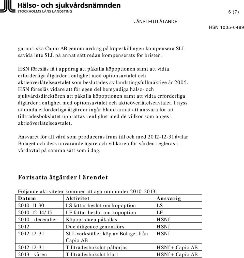 HSN föreslås vidare att för egen del bemyndiga hälso- och sjukvårdsdirektören att påkalla köpoptionen samt att vidta erforderliga åtgärder i enlighet med optionsavtalet och aktieöverlåtelseavtalet.