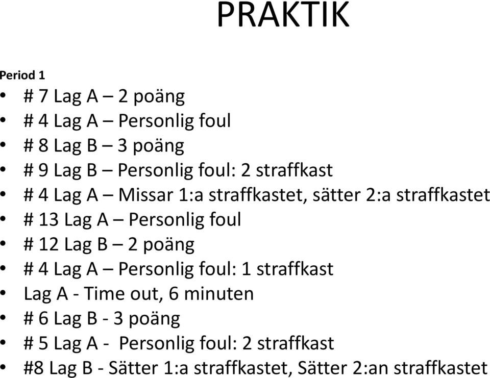 foul # 12 Lag B 2 poäng # 4 Lag A Personlig foul: 1 straffkast Lag A - Time out, 6 minuten # 6 Lag B -