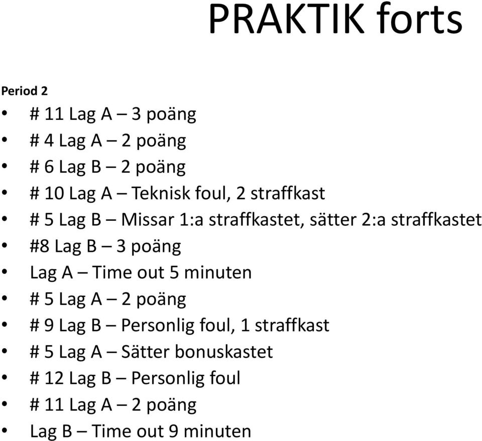 B 3 poäng Lag A Time out 5 minuten # 5 Lag A 2 poäng # 9 Lag B Personlig foul, 1 straffkast