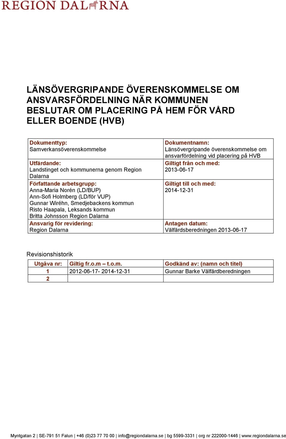 Region Dalarna Ansvarig för revidering: Region Dalarna Dokumentnamn: Länsövergripande överenskommelse om ansvarfördelning vid placering på HVB Giltigt från och med: 2013-06-17 Giltigt till och med: