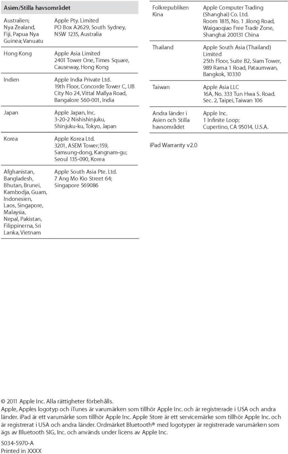 Limited PO Box A2629, South Sydney, NSW 1235, Australia Apple Asia Limited 2401 Tower One, Times Square, Causeway, Hong Kong Apple India Private Ltd.