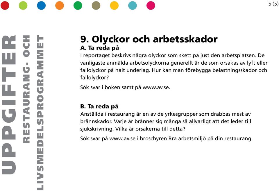 Hur kan man förebygga belastningsskador och fallolyckor? Sök svar i boken samt på www.av.se.