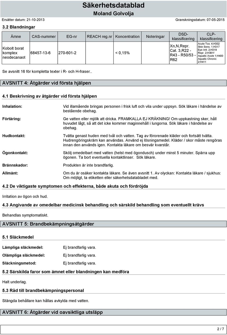 2;H361f Aquatic Acute 1;H400 Aquatic Chronic 2;H411 AVSNITT 4: Åtgärder vid första hjälpen 4.