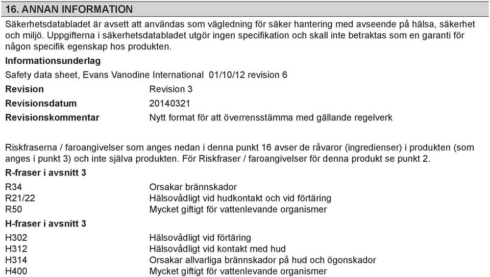 Informationsunderlag Safety data sheet, Evans Vanodine International 01/10/12 revision 6 Revision Revision 3 Revisionsdatum 20140321 Revisionskommentar Nytt format för att överrensstämma med gällande