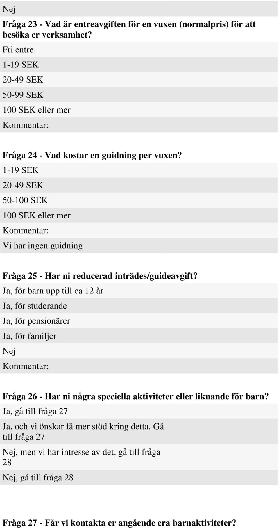 1-19 SEK 20-49 SEK 50-100 SEK 100 SEK eller mer Vi har ingen guidning Fråga 25 - Har ni reducerad inträdes/guideavgift?