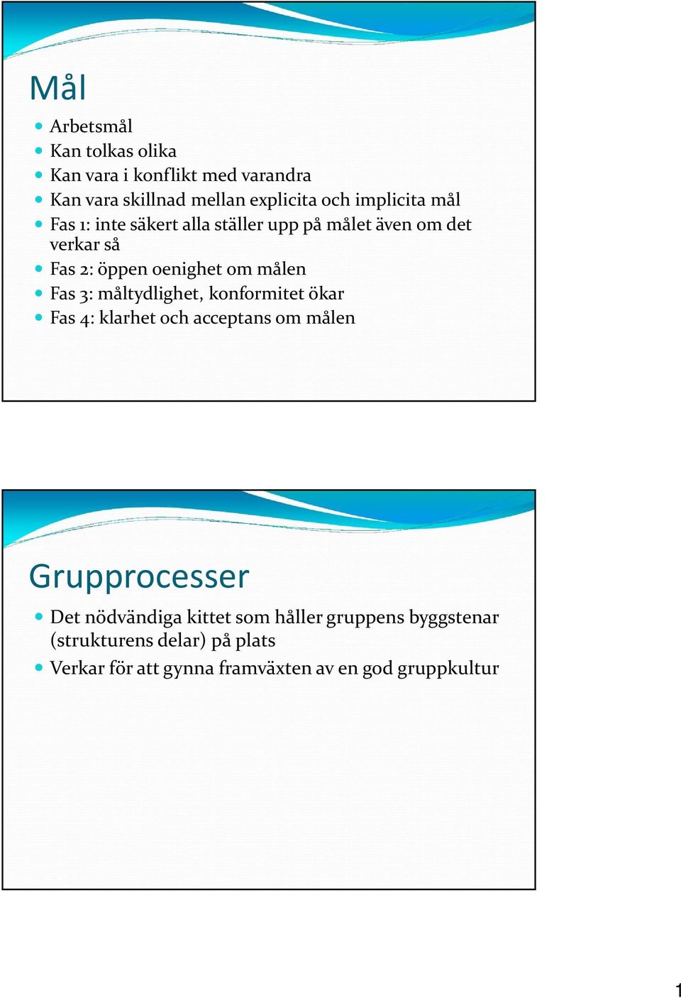 målen Fas 3: måltydlighet, konformitet ökar Fas 4: klarhet och acceptans om målen Grupprocesser Det nödvändiga