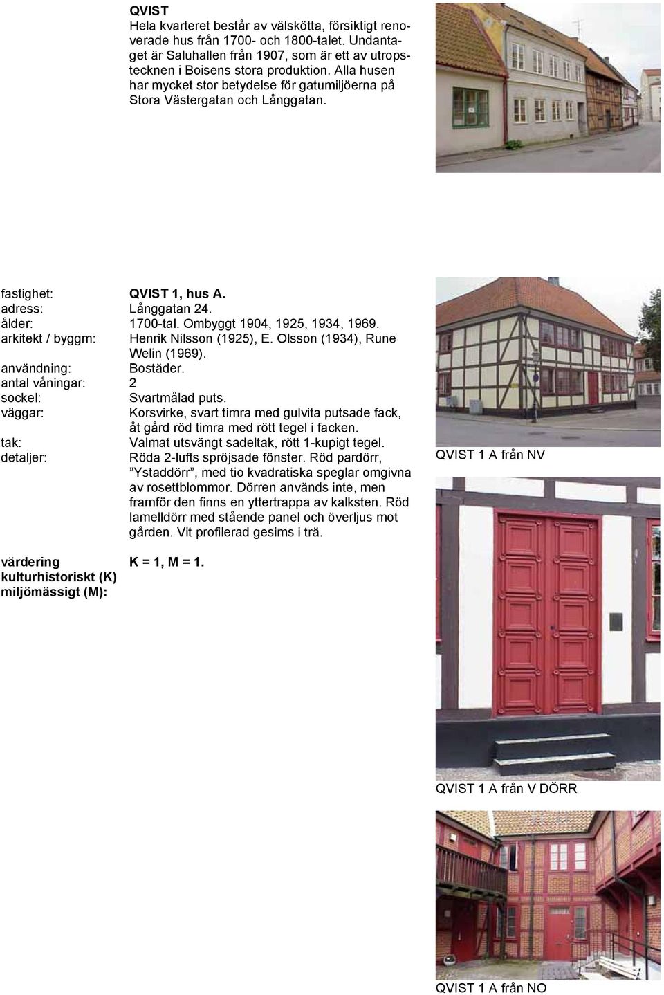 arkitekt / byggm: Henrik Nilsson (1925), E. Olsson (1934), Rune Welin (1969). användning: Bostäder. antal våningar: 2 Svartmålad puts.