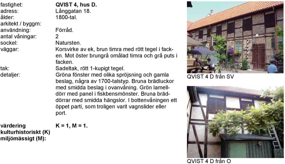Gröna fönster med olika spröjsning och gamla beslag, några av 1700-talstyp. Bruna brädluckor med smidda beslag i ovanvåning.