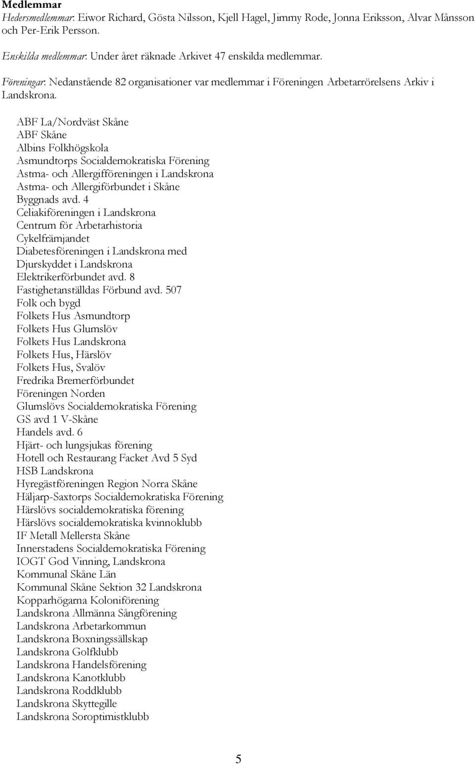 ABF La/Nordväst Skåne ABF Skåne Albins Folkhögskola Asmundtorps Socialdemokratiska Förening Astma- och Allergifföreningen i Landskrona Astma- och Allergiförbundet i Skåne Byggnads avd.