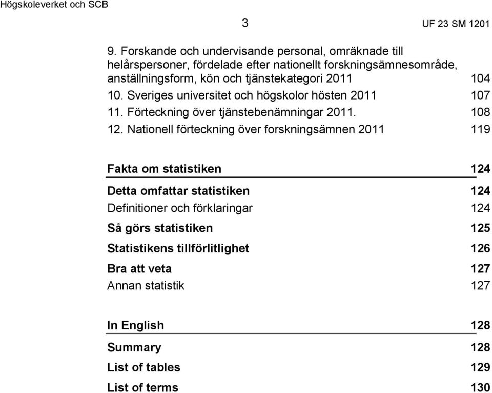 tjänstekategori 2011 10. Sveriges universitet och högskolor hösten 2011 11. Förteckning över tjänstebenämningar 2011. 12.
