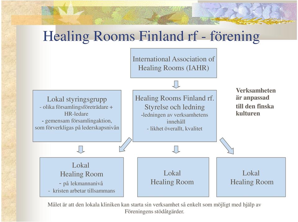 Styrelse och ledning -ledningen av verksamhetens innehåll - likhet överallt, kvalitet Verksamheten är anpassad till den finska kulturen Lokal Healing