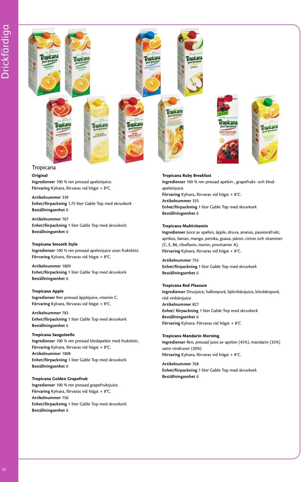 Artikelnummer 1809 Tropicana Apple Ingredienser Ren pressad äpplejuice, vitamin C. Artikelnummer 783 Tropicana Sanguinello Ingredienser 100 % ren pressad blodapelsin med fruktkött.