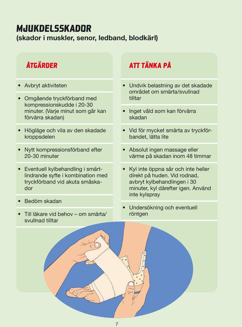 tryckförband vid akuta småskador Bedöm skadan Till läkare vid behov om smärta/ svullnad tilltar Undvik belastning av det skadade området om smärta/svullnad tilltar Inget våld som kan förvärra skadan