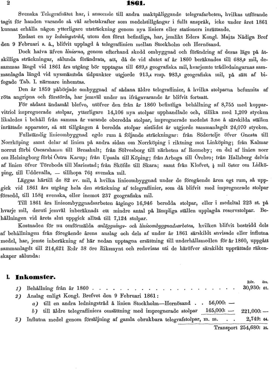 1861 kunnat erhålla någon ytterligare utsträckning genom nya liniers eller stationers inrättande. Endast en ny ledningstråd, utom den förut befintliga, har, jemlikt Eders Kongl.