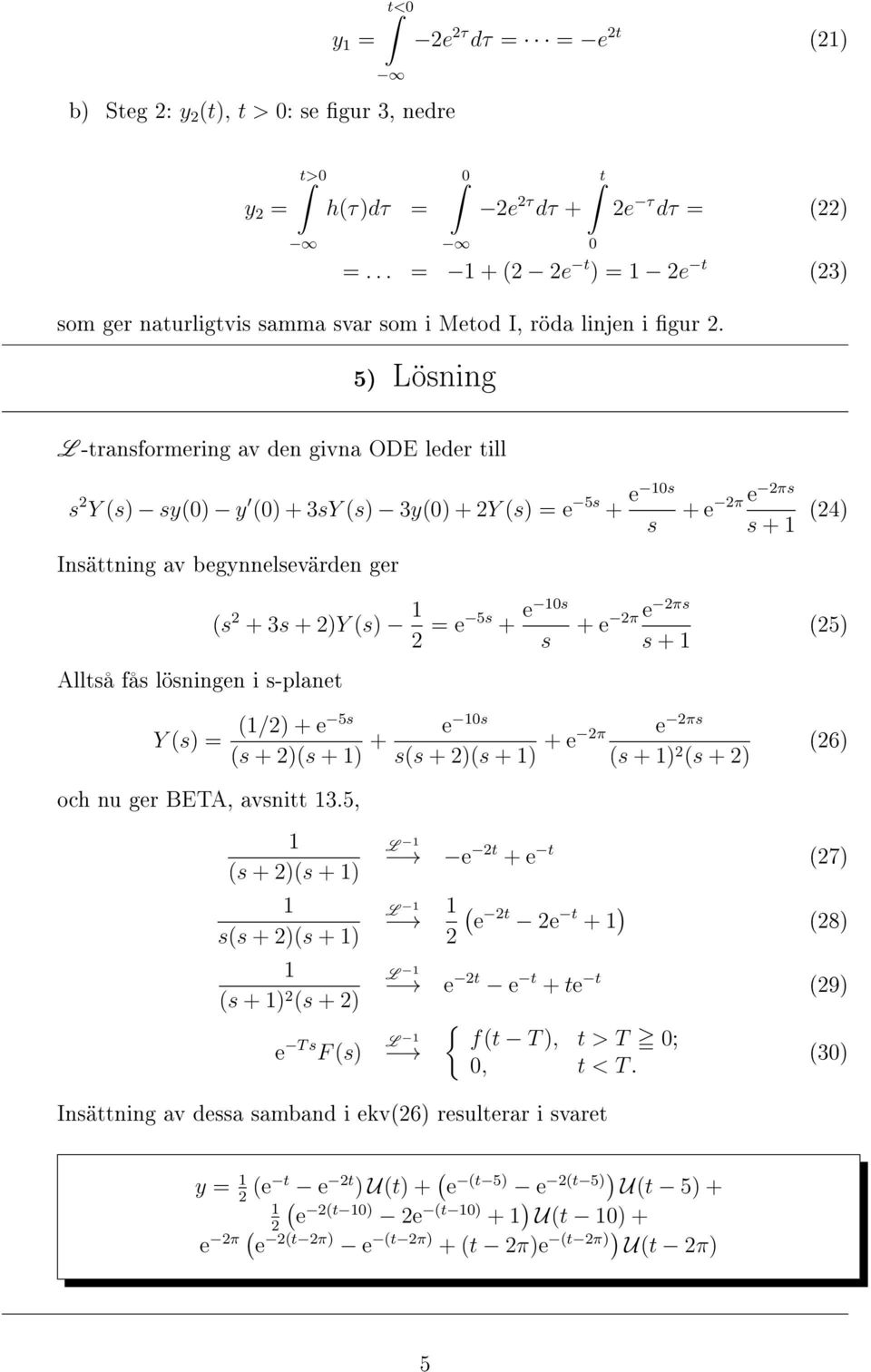 )Y s) = e 5s + e s s π e πs + e s + 5) e πs /) + e 5s Y s) = s + )s + ) + e s ss + )s + ) + e π s + ) s + ) 6) och nu ger BETA, avsnitt.