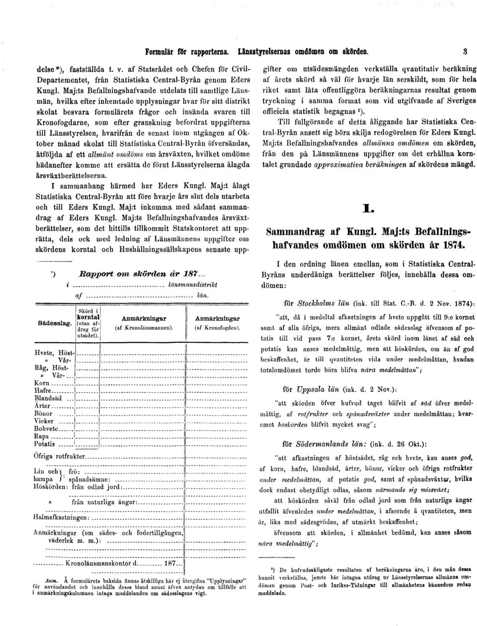 efter granskning befordrat uppgifterna till Länsstyrelsen, hvarifrån de senast inom utgången af Oktober månad skolat till Statistiska Central-Byrån öfversändas, åtföljda af ett allmänt omdöme om