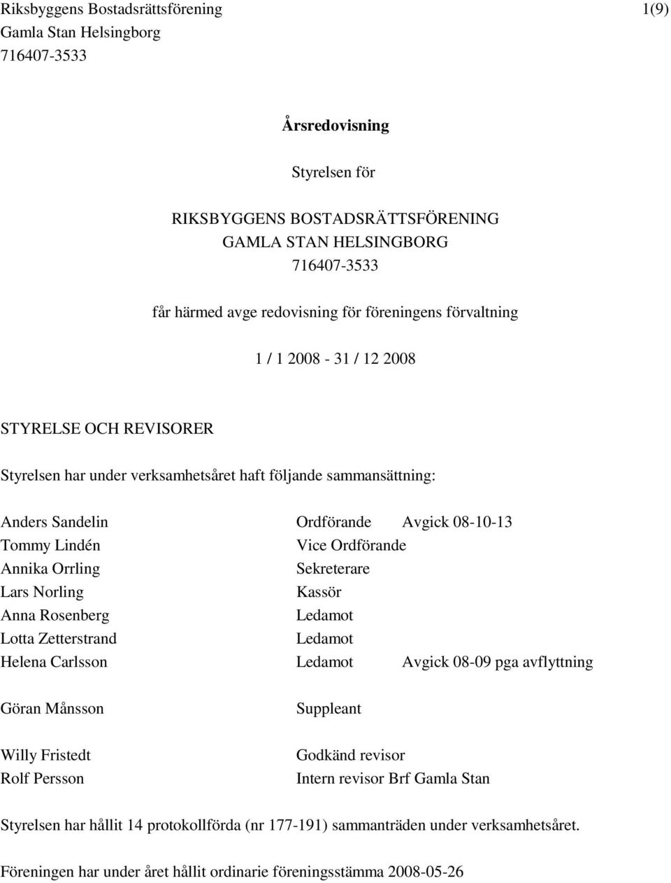 Sekreterare Lars Norling Kassör Anna Rosenberg Ledamot Lotta Zetterstrand Ledamot Helena Carlsson Ledamot Avgick 08-09 pga avflyttning Göran Månsson Suppleant Willy Fristedt Rolf Persson