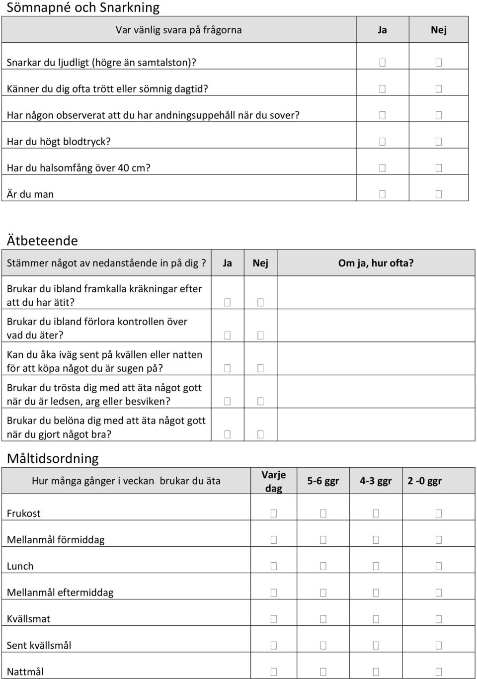 Ja Nej Om ja, hur ofta? Brukar du ibland framkalla kräkningar efter att du har ätit? Brukar du ibland förlora kontrollen över vad du äter?