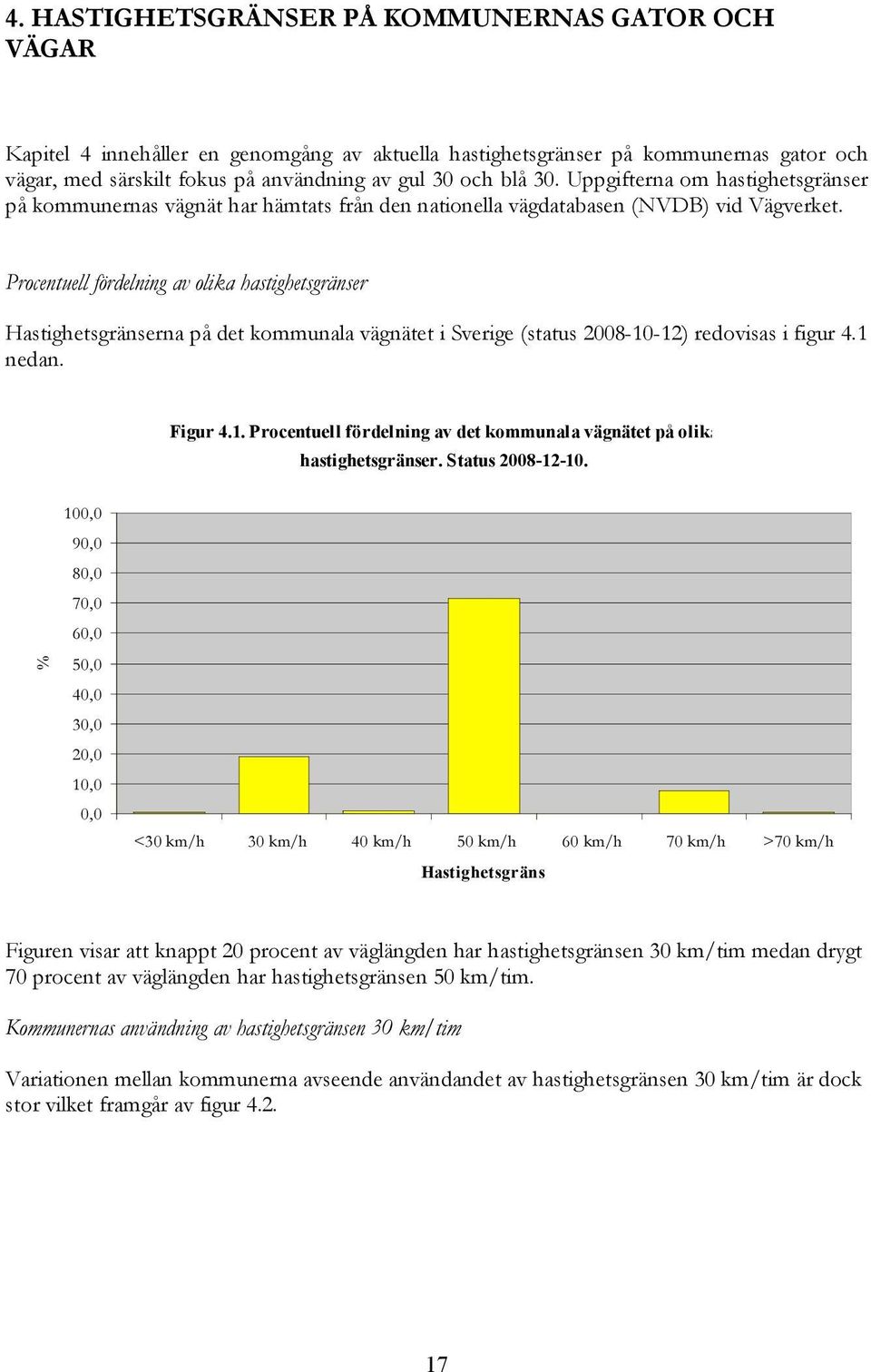 Procentuell fördelning av olika hastighetsgränser Hastighetsgränserna på det kommunala vägnätet i Sverige (status 2008-10-12) redovisas i figur 4.1 nedan. Figur 4.1. Procentuell fördelning av det kommunala vägnätet på olika hastighetsgränser.