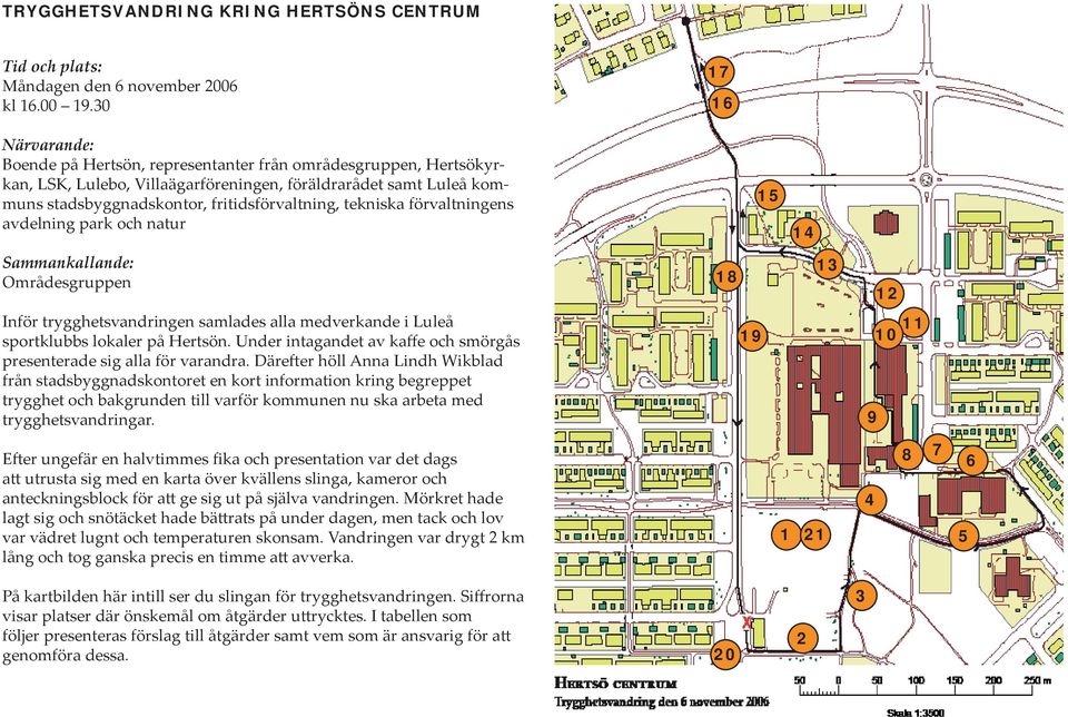 tekniska förvaltningens avdelning park och natur 15 14 Sammankallande: Områdesgruppen 18 13 12 Inför trygghetsvandringen samlades alla medverkande i Luleå sportklubbs lokaler på Hertsön.